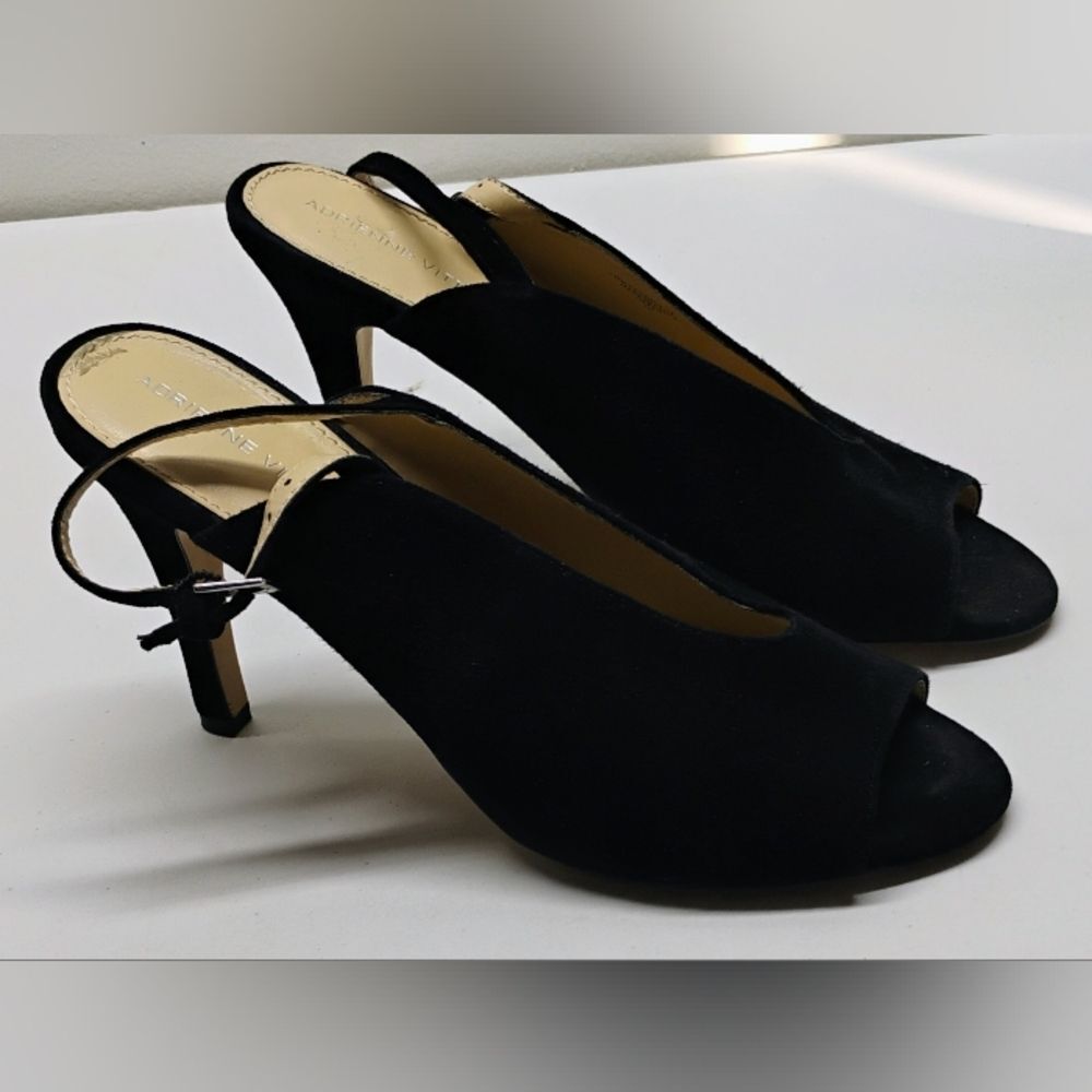 Adrienne Vittadini Black Fine Leather Heels Women's Sz 7.5 M Open Toe Strappy